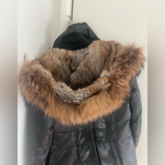 MACKAGE INGRID BLACK LEATHER DOWN COAT WITH FUR HOOD - Picture 9 of 14